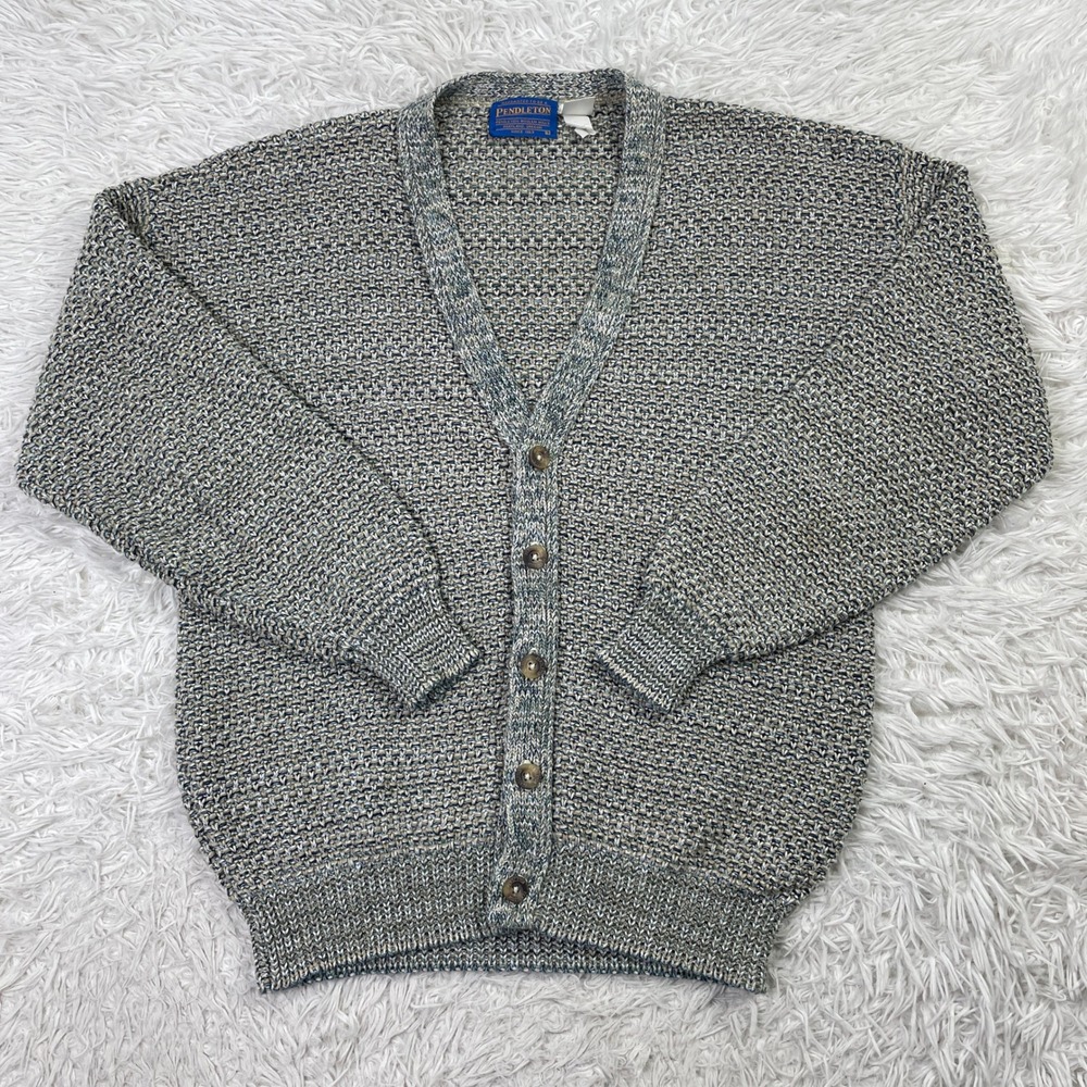 VTG Pendleton Sweater Mens Large Gray Confetti‎ 100% Cotton Chunky Knit Cardigan